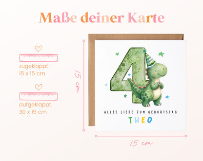 Personalisierte Dino-Karte zum 4. Geburtstag – Maße der Klappkarte
