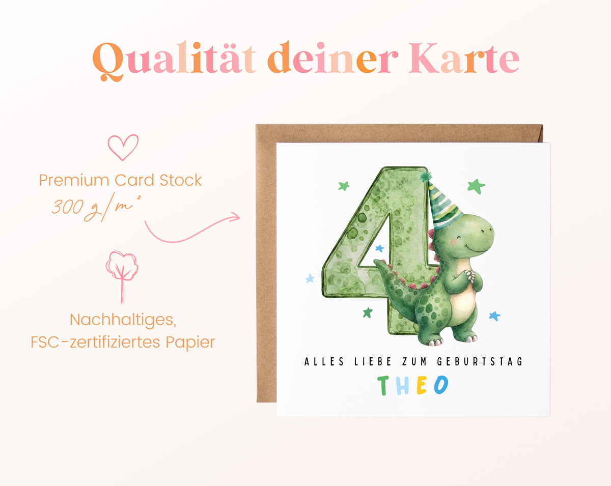 Personalisierte Dino-Karte zum 4. Geburtstag – 300 g/m² Kartenpapier