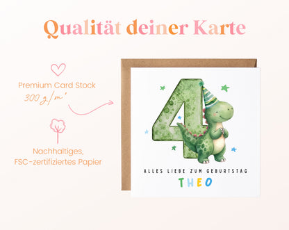 Personalisierte Dino-Karte zum 4. Geburtstag – 300 g/m² Kartenpapier