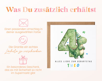 Personalisierte Dino-Karte zum 4. Geburtstag – Details zur Karte