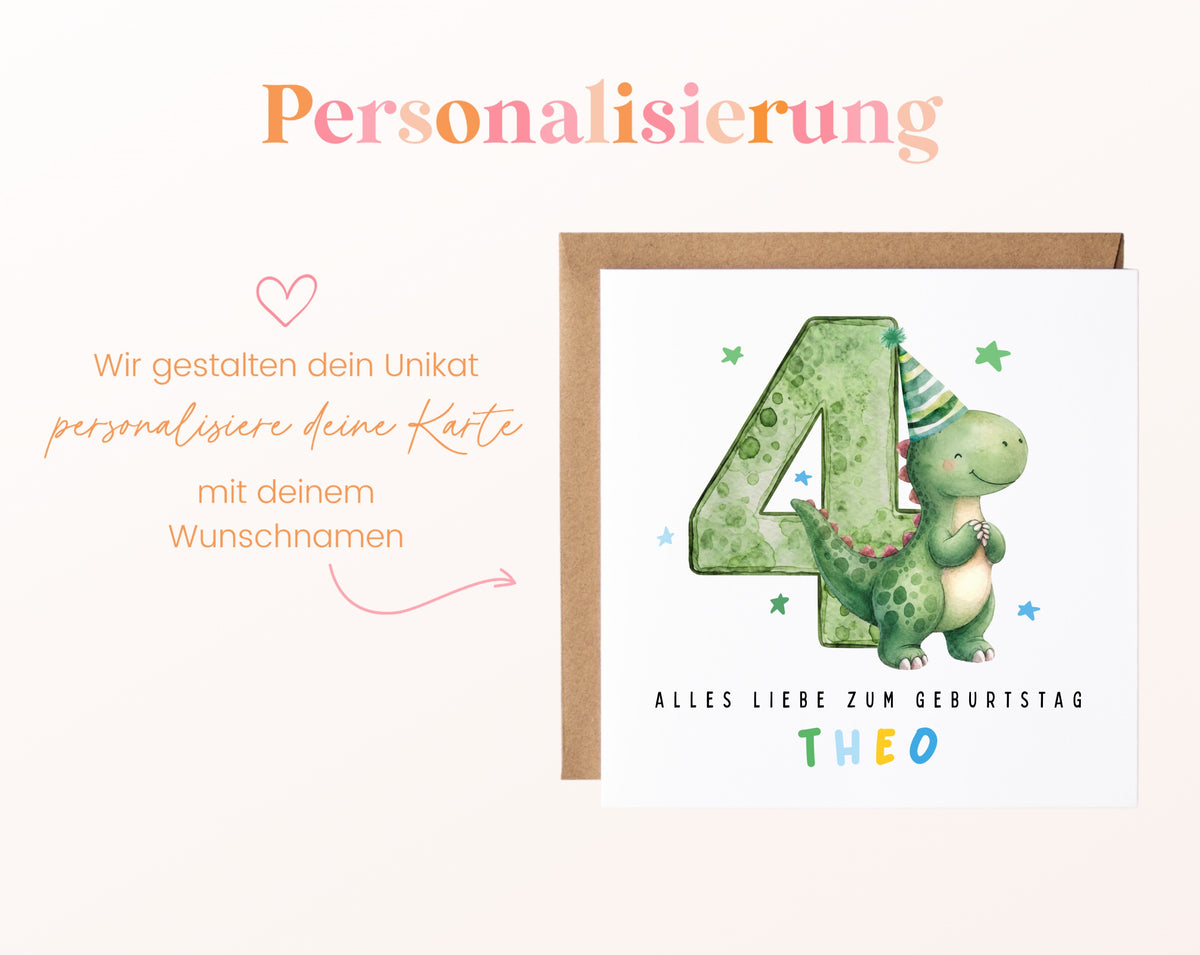 Personalisierte Dino-Karte zum 4. Geburtstag – Wunschname in bunten Buchstaben