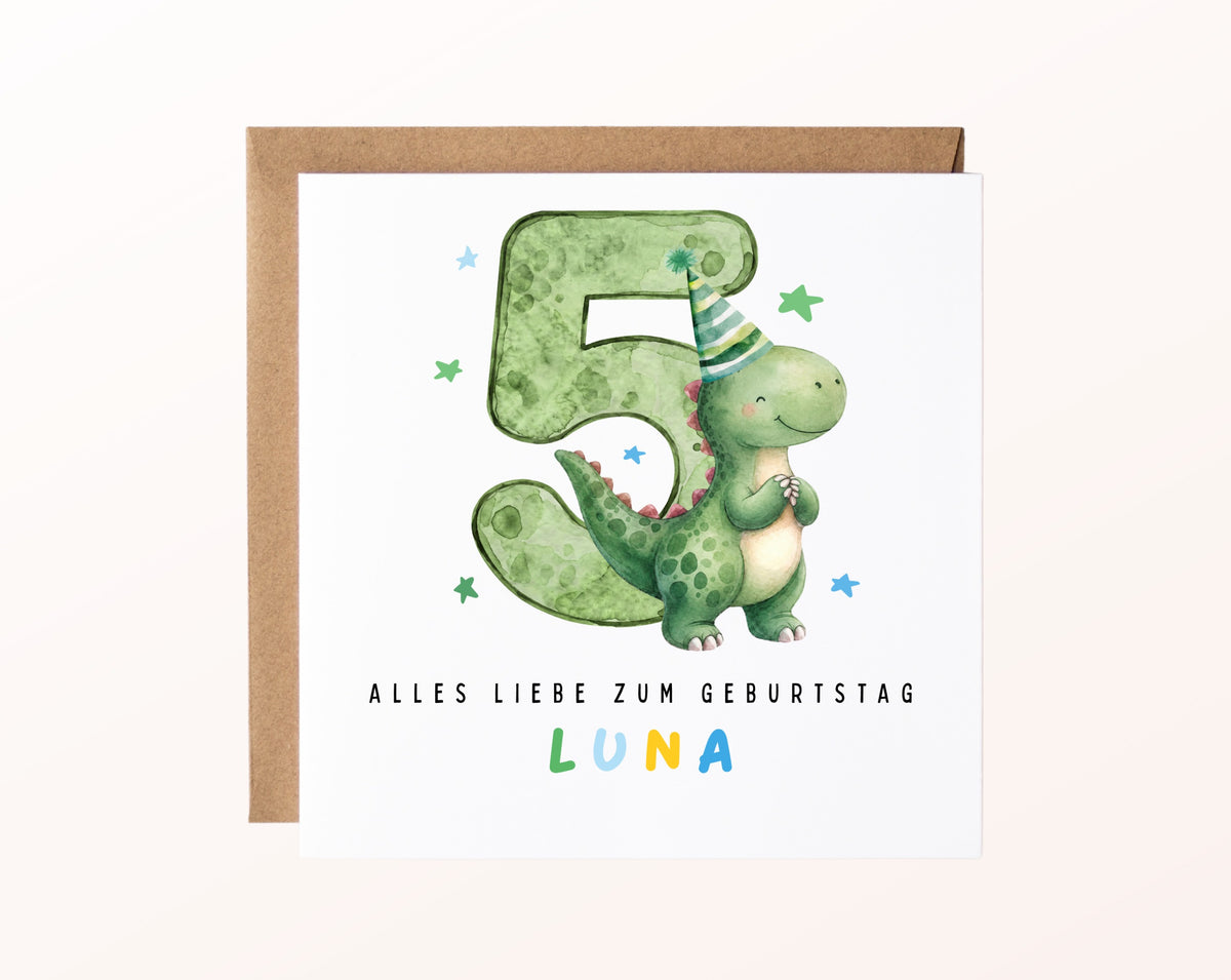 Personalisierte Dino-Karte zum 5. Geburtstag – Karte mit Beispielname und Umschlag