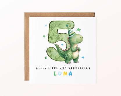Personalisierte Dino-Karte zum 5. Geburtstag – Karte mit Beispielname und Umschlag