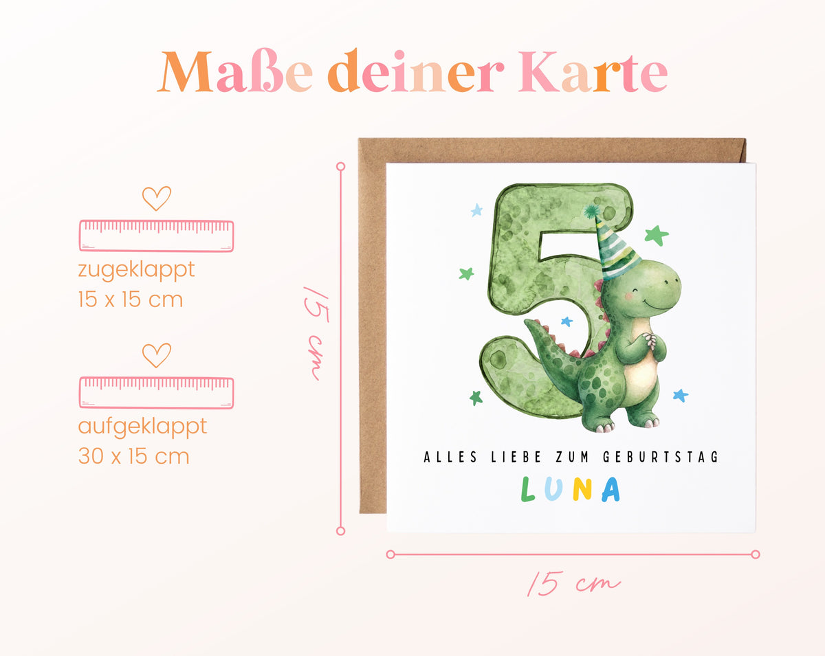 Personalisierte Dino-Karte zum 5. Geburtstag – Maße der Klappkarte