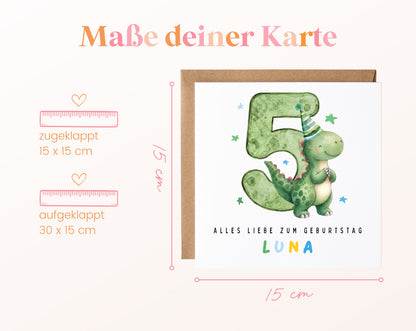 Personalisierte Dino-Karte zum 5. Geburtstag – Maße der Klappkarte