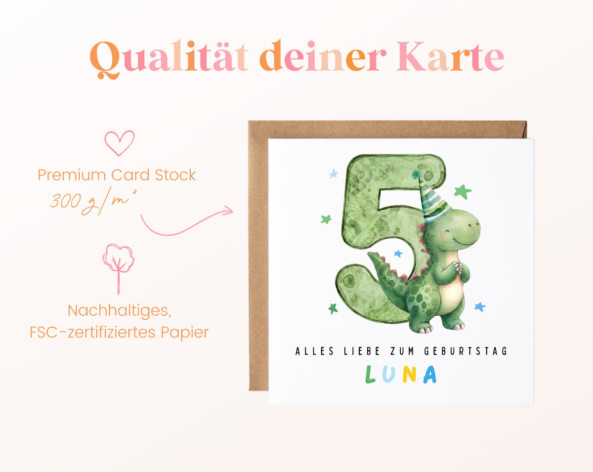 Personalisierte Dino-Karte zum 5. Geburtstag – 300 g/m² Kartenpapier