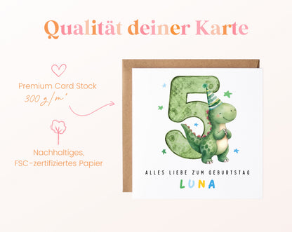 Personalisierte Dino-Karte zum 5. Geburtstag – 300 g/m² Kartenpapier