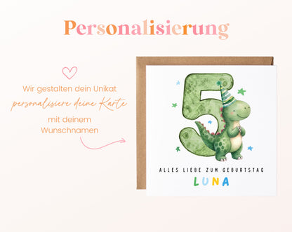Personalisierte Dino-Karte zum 5. Geburtstag – Wunschname in bunten Buchstaben