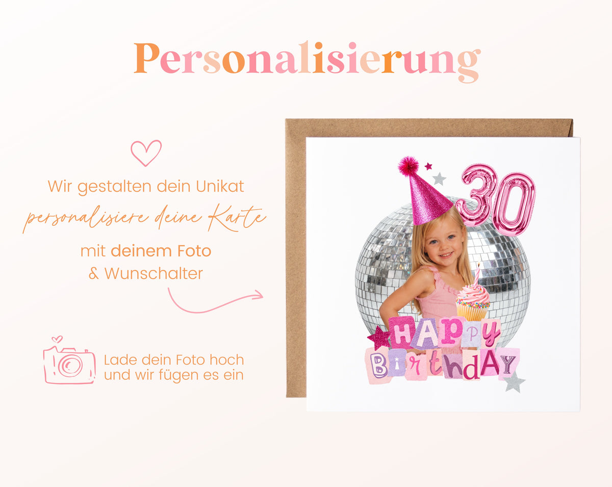 Fotokarte in Rosa mit eigenem Foto und Wunschalter gestalten