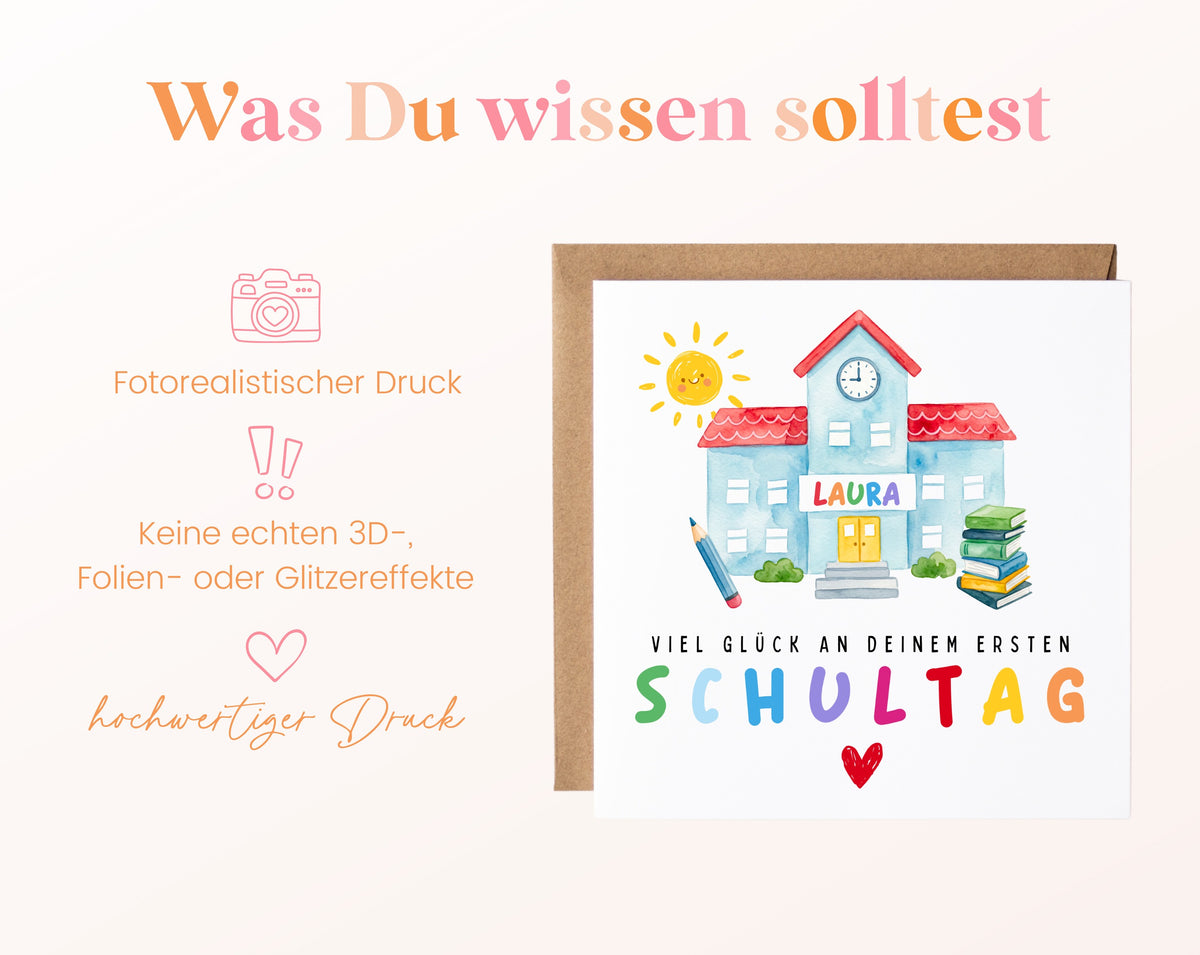 Personalisierte Einschulungskarte – Schulhaus mit buntem Wunschnamen – 03_wissen