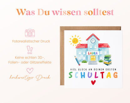 Personalisierte Einschulungskarte – Schulhaus mit buntem Wunschnamen – 03_wissen
