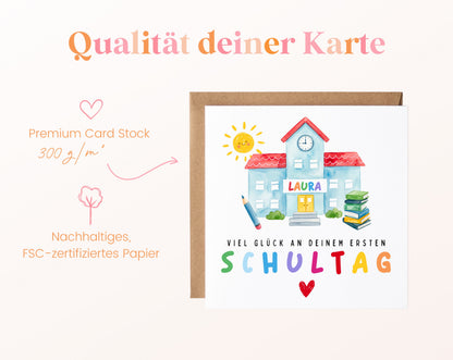 Personalisierte Einschulungskarte – Schulhaus mit buntem Wunschnamen – 05B_qualitaet_300