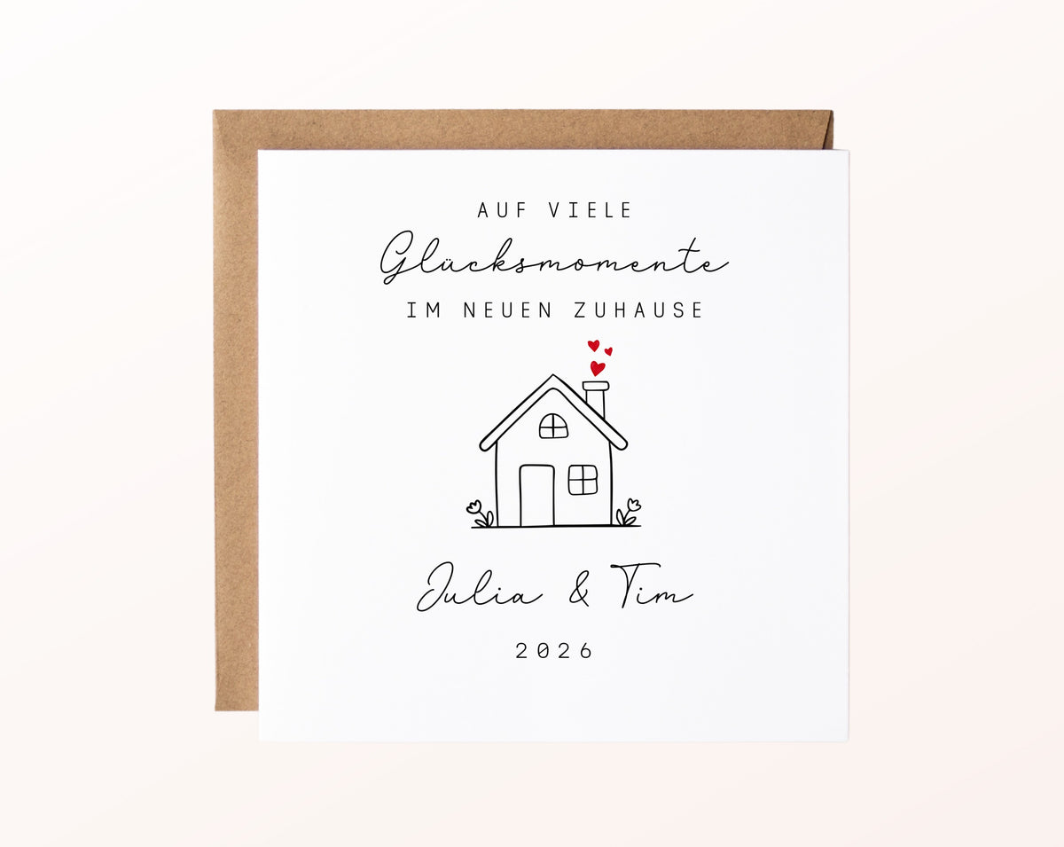 Personalisierte Karte zum Einzug – Haus mit Blumen – Karte mit Umschlag