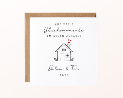 Personalisierte Karte zum Einzug – Haus mit Blumen – Karte mit Umschlag