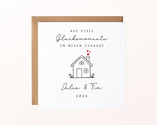 Personalisierte Karte zum Einzug – Haus mit Blumen – Karte mit Umschlag