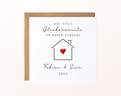 Personalisierte Karte zum Einzug – Haus mit Herz – Karte mit Umschlag