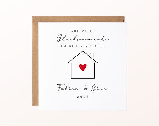 Personalisierte Karte zum Einzug – Haus mit Herz – Karte mit Umschlag