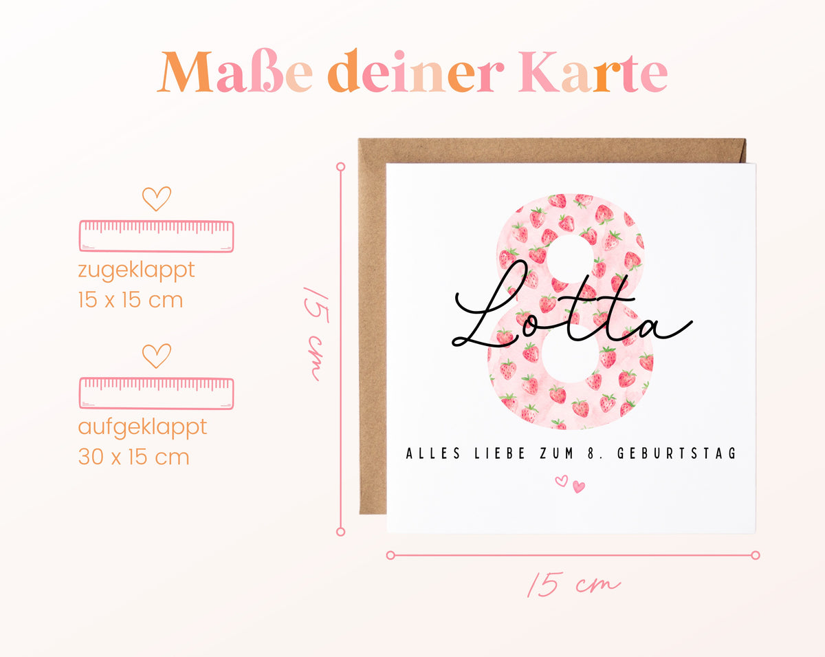 Personalisierte Erdbeer-Karte zum 8. Geburtstag – Maße der Karte