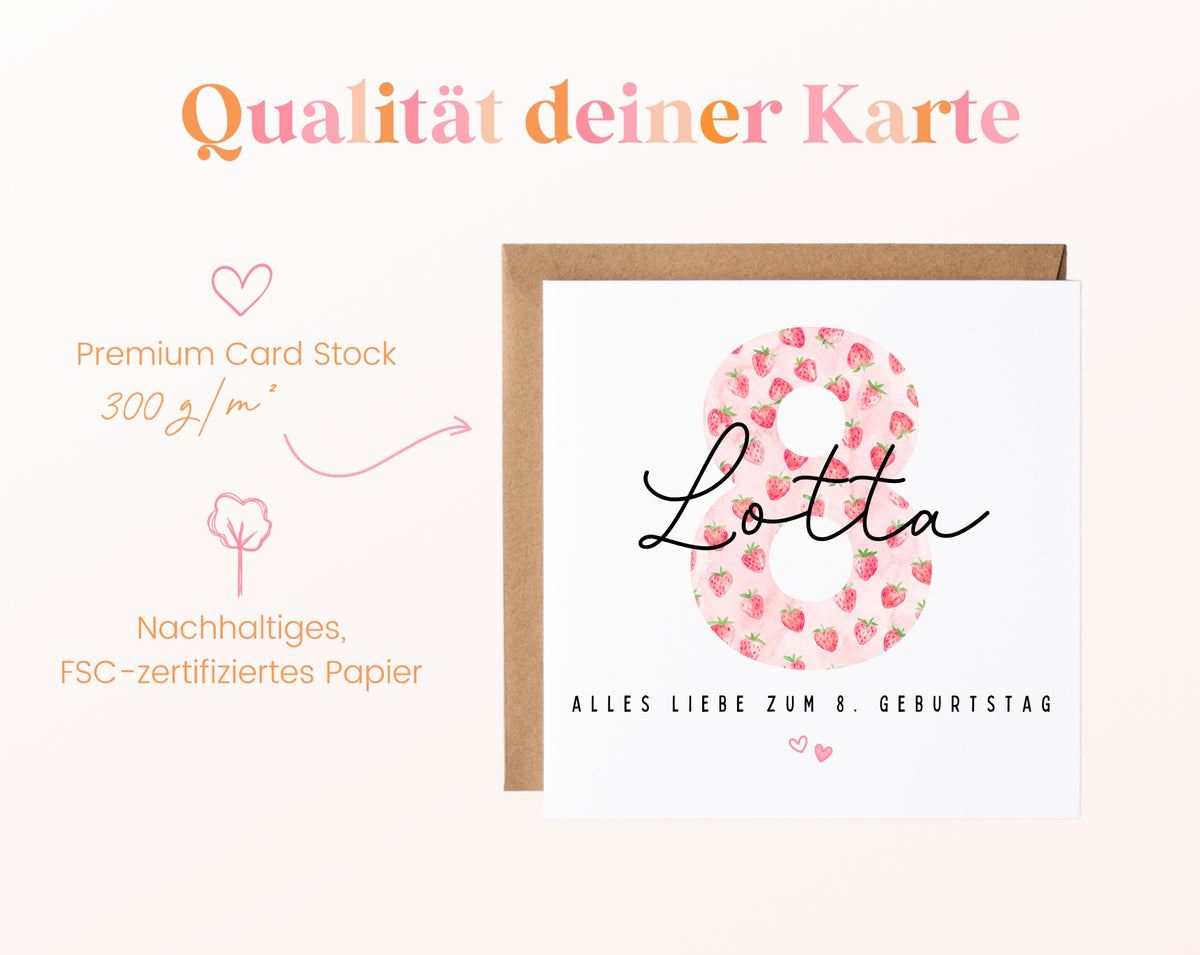 Personalisierte Erdbeer-Karte zum 8. Geburtstag – Papierqualität