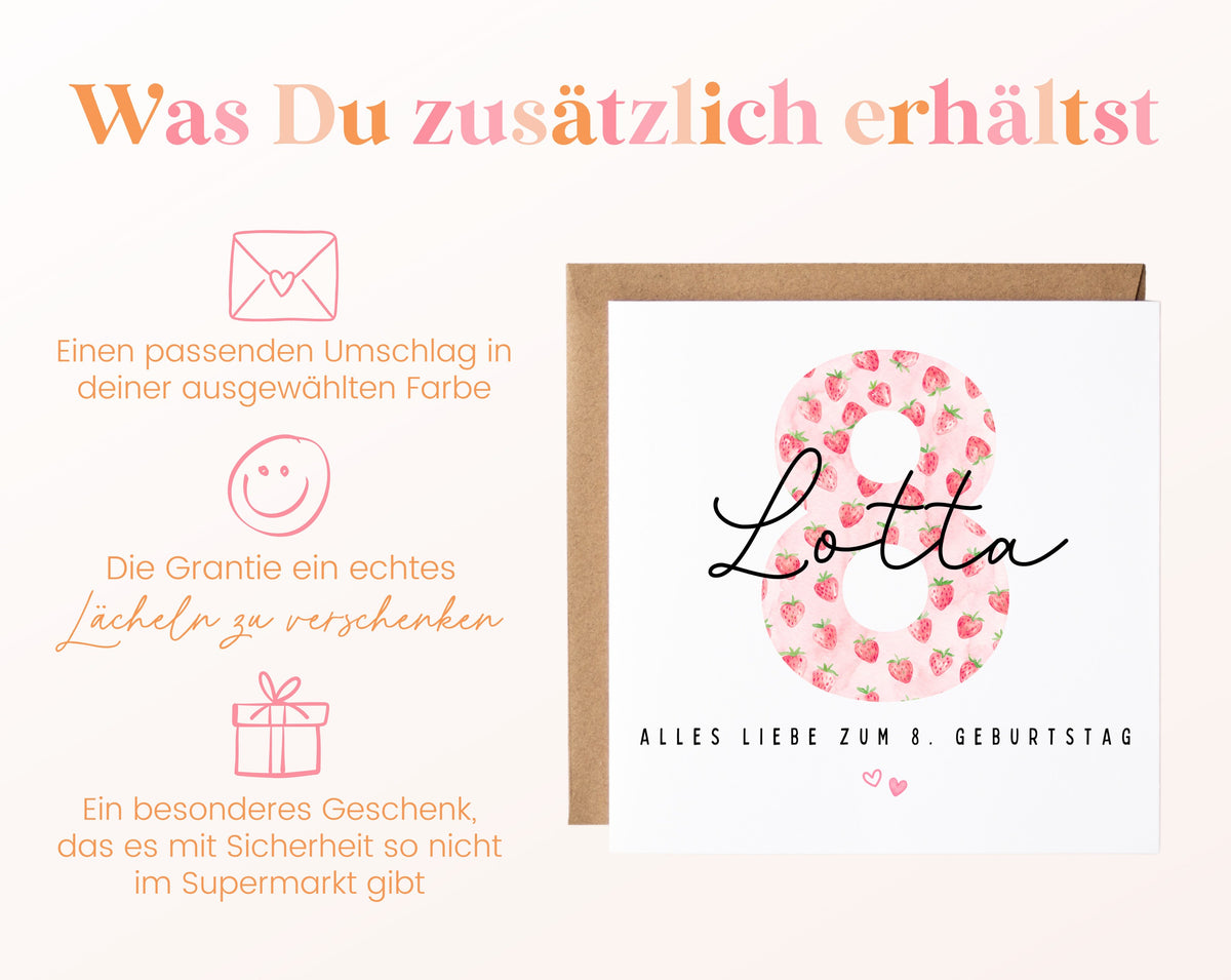 Personalisierte Erdbeer-Karte zum 8. Geburtstag – Karte und passender Umschlag