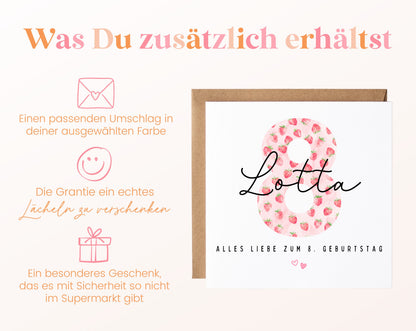 Personalisierte Erdbeer-Karte zum 8. Geburtstag – Karte und passender Umschlag