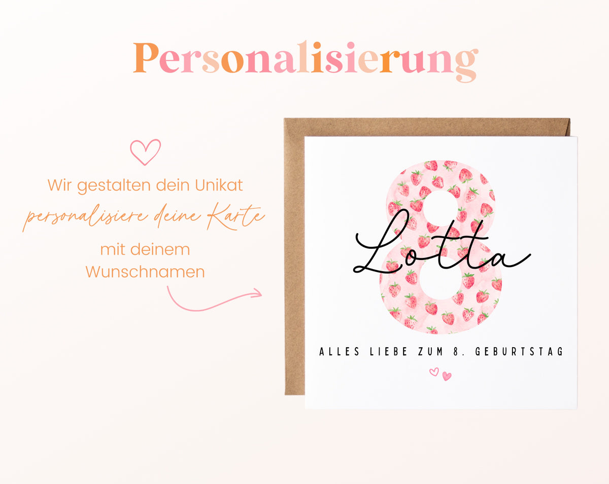 Personalisierte Erdbeer-Karte zum 8. Geburtstag – Karte mit Wunschname Lotta
