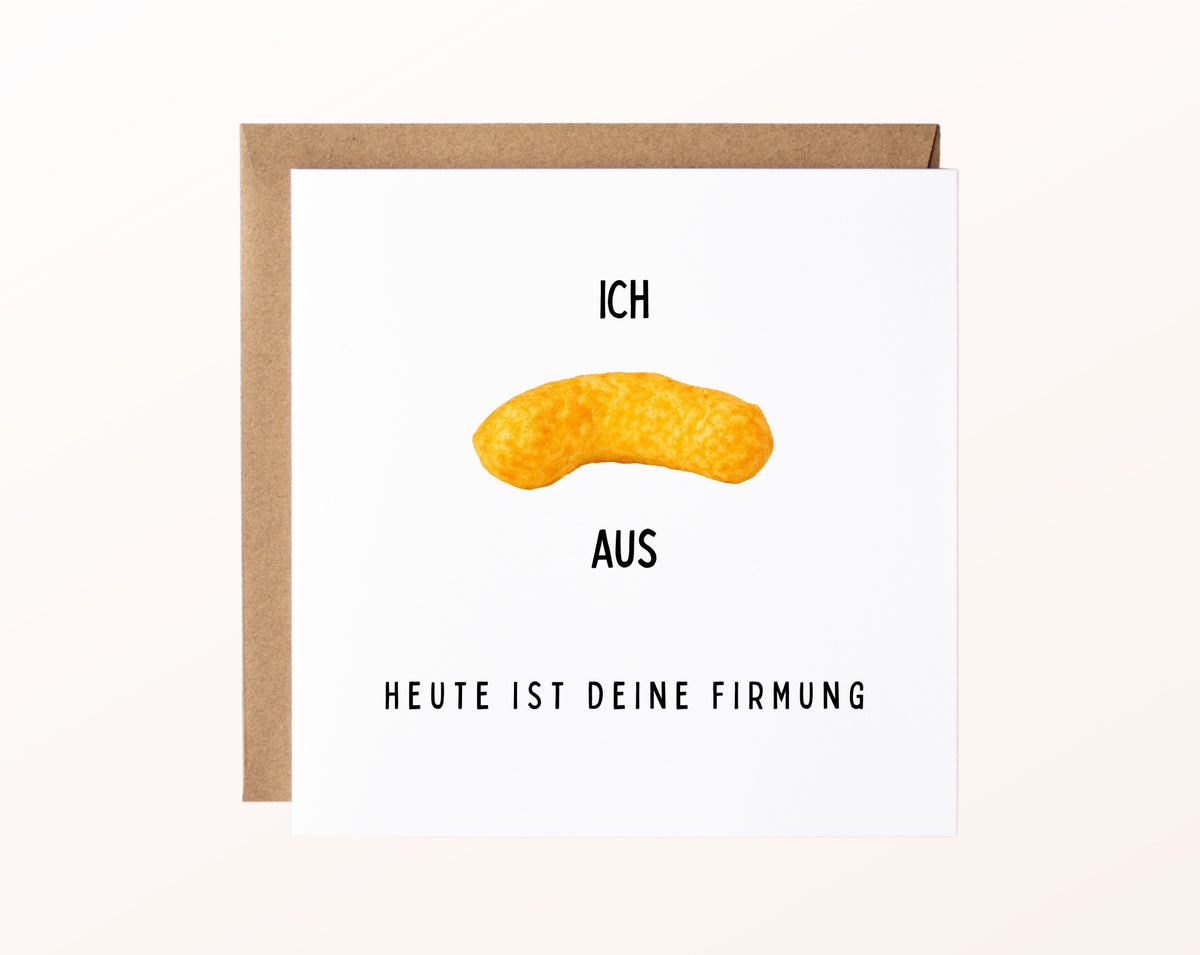 Karte zur Firmung „Ich flipp aus“ – Vorderseite mit Erdnussflip-Motiv und Kraftpapierumschlag