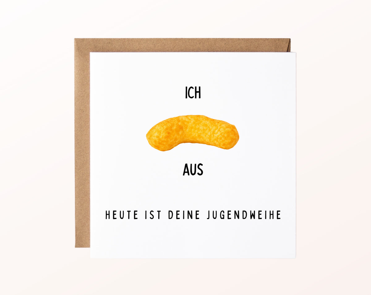 Karte zur Jugendweihe „Ich flipp aus“ – Vorderseite mit Erdnussflip-Motiv und Kraftpapierumschlag