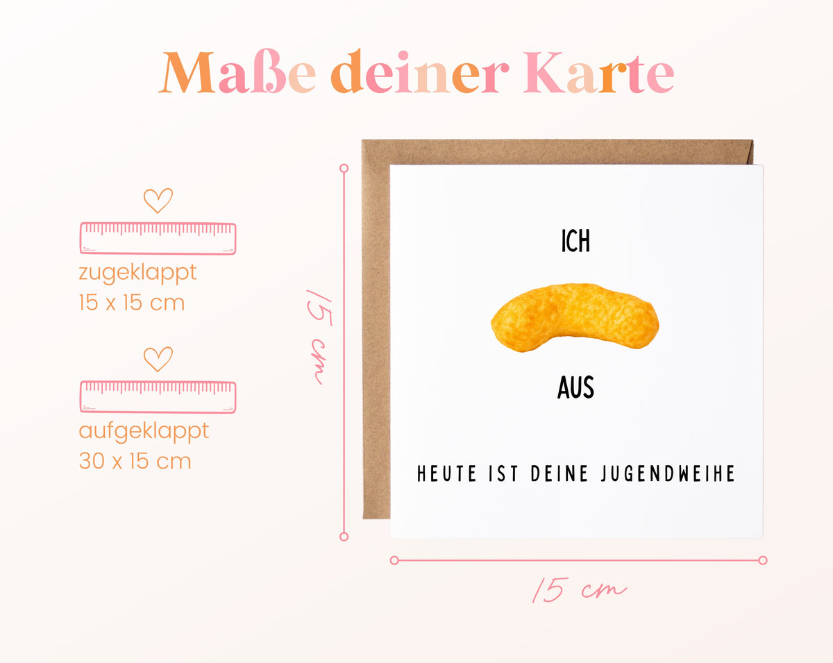 Karte zur Jugendweihe „Ich flipp aus“ – Maße: geschlossen 15 × 15 cm, geöffnet 30 × 15 cm