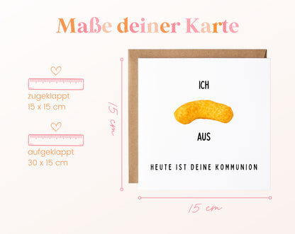 Karte zur Kommunion „Ich flipp aus“ – Maße: geschlossen 15 × 15 cm, geöffnet 30 × 15 cm