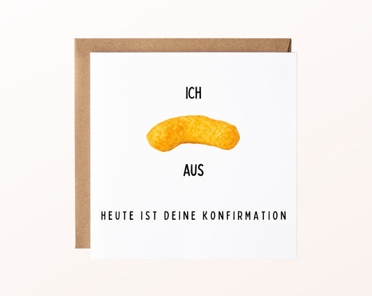 Karte zur Konfirmation „Ich flipp aus“ – Vorderseite mit Erdnussflip-Motiv und Kraftpapierumschlag