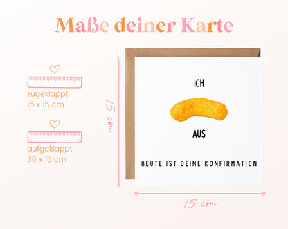 Karte zur Konfirmation „Ich flipp aus“ – Maße: geschlossen 15 × 15 cm, geöffnet 30 × 15 cm