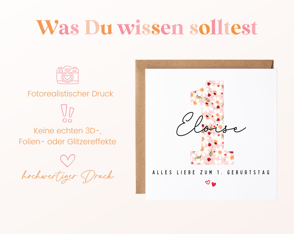 Personalisierte Karte zum ersten Geburtstag – Marienkäfer