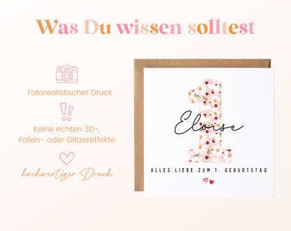 Personalisierte Karte zum ersten Geburtstag – Marienkäfer