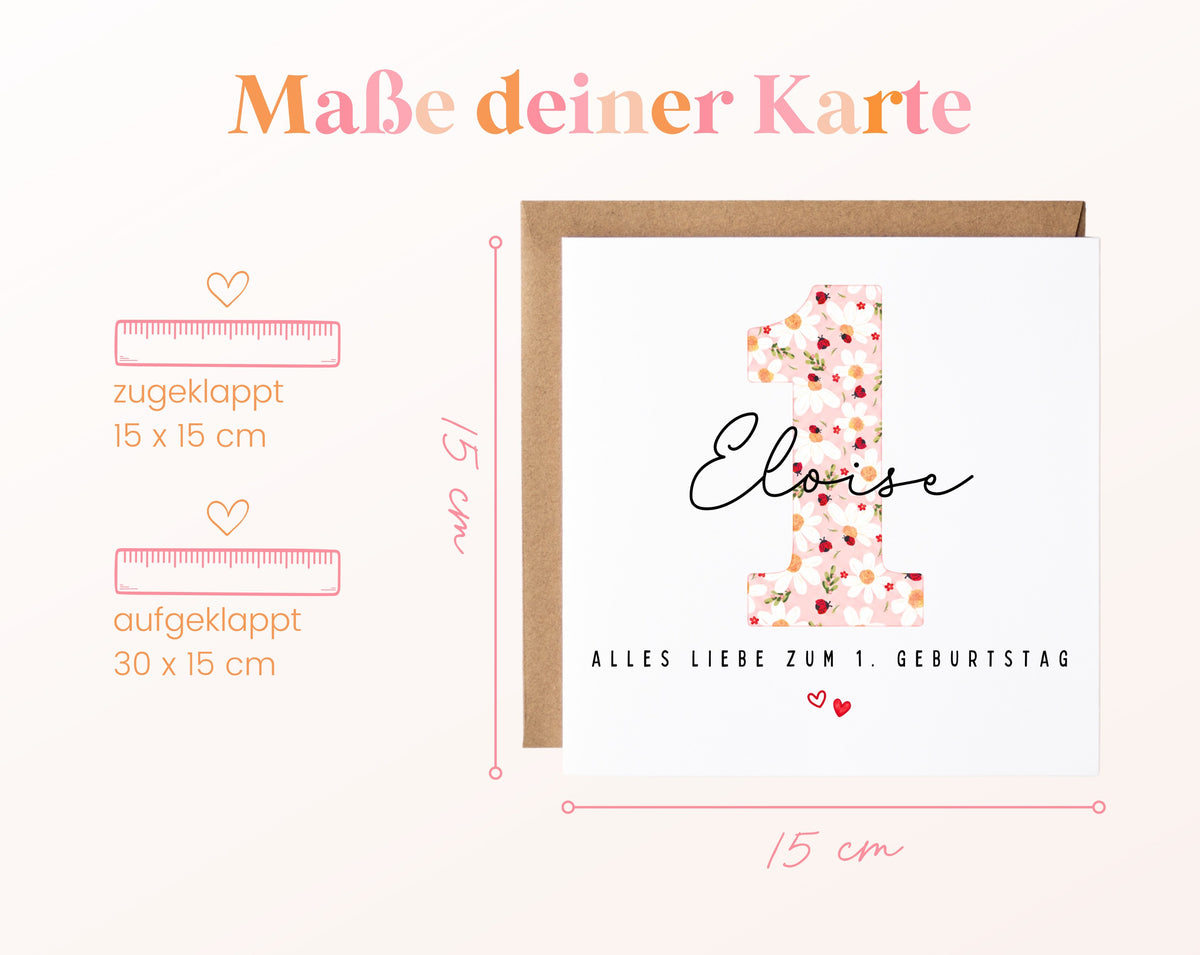 Personalisierte Karte zum ersten Geburtstag – Marienkäfer