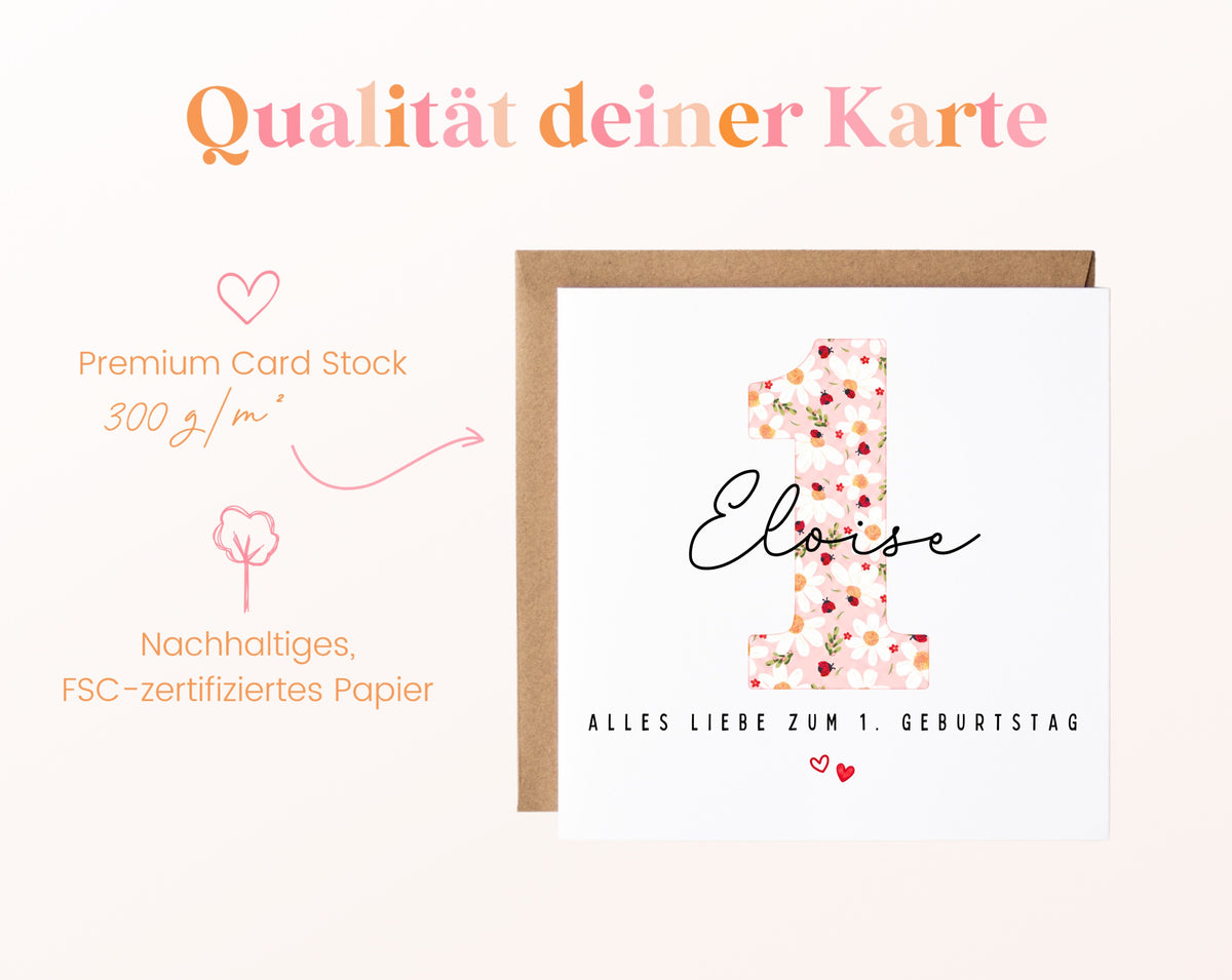 Personalisierte Karte zum ersten Geburtstag – Marienkäfer