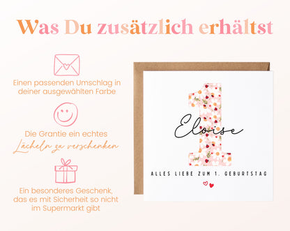 Personalisierte Karte zum ersten Geburtstag – Marienkäfer