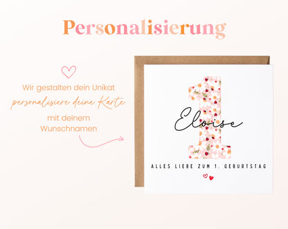 Personalisierte Karte zum ersten Geburtstag – Marienkäfer