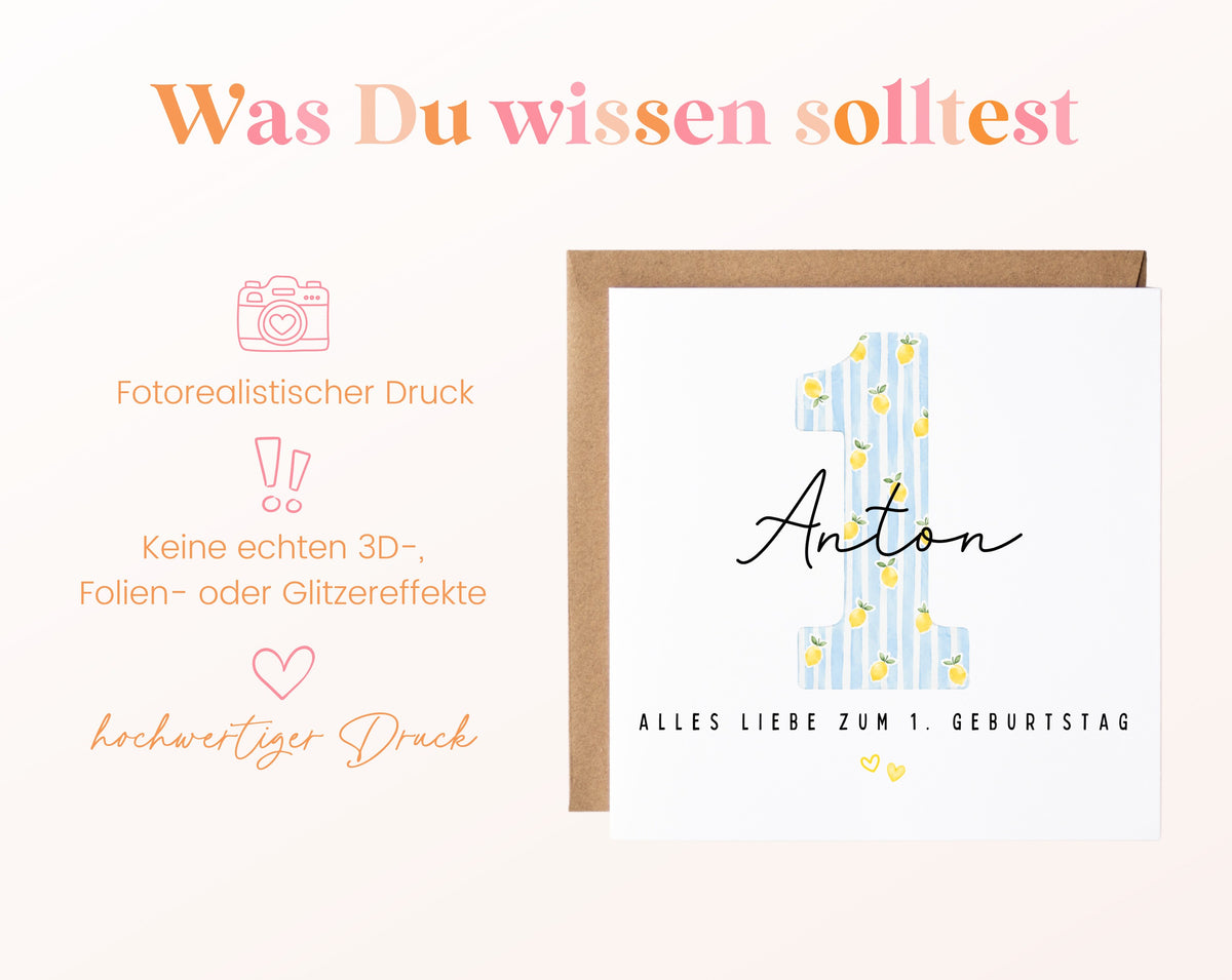 Personalisierte Karte zum ersten Geburtstag – Zitrone
