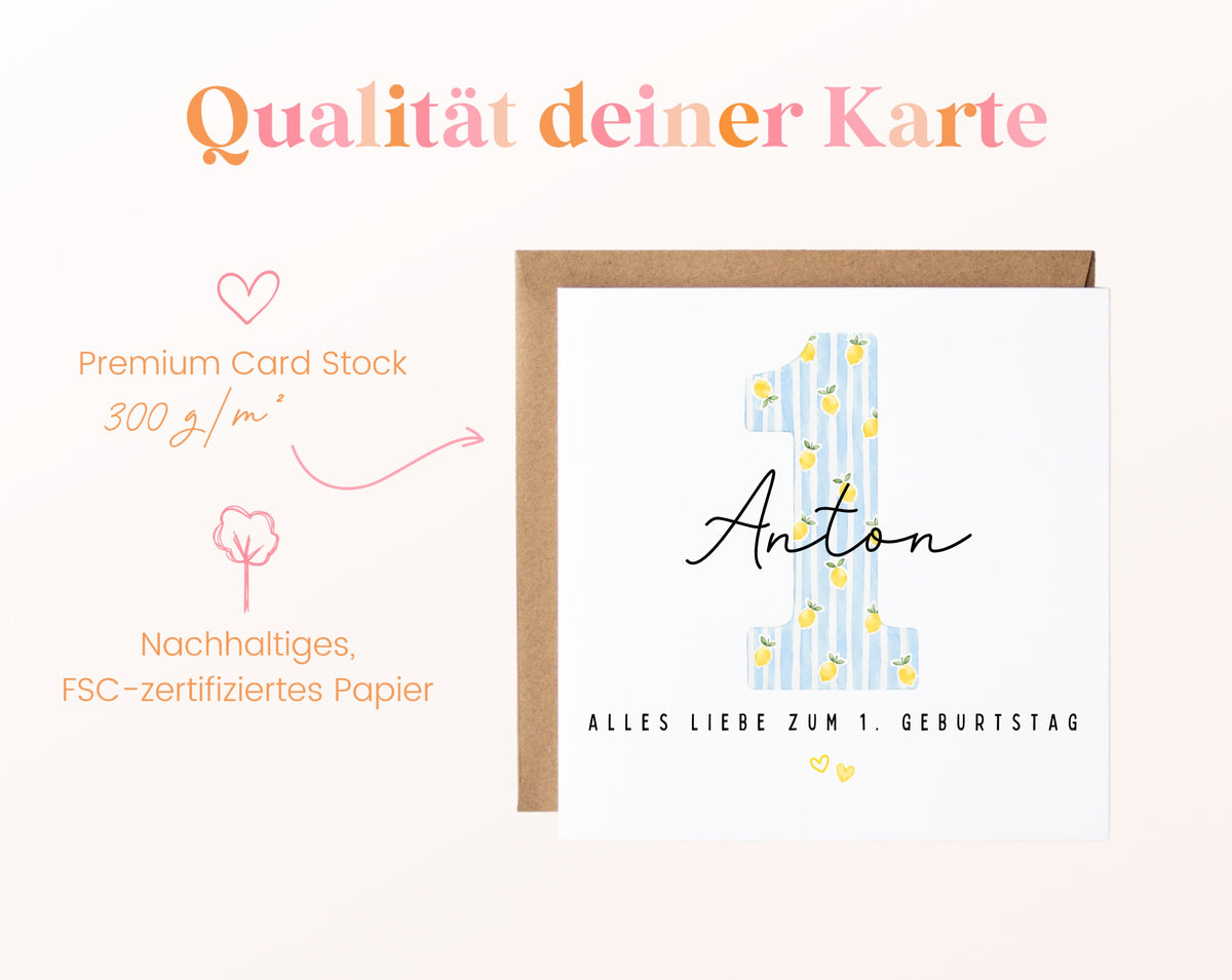 Personalisierte Karte zum ersten Geburtstag – Zitrone