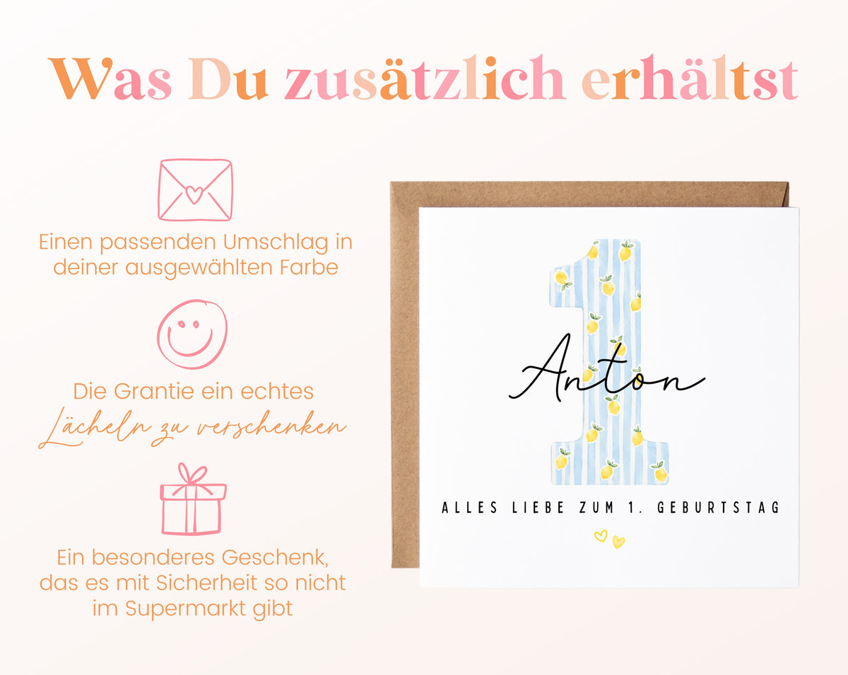 Personalisierte Karte zum ersten Geburtstag – Zitrone