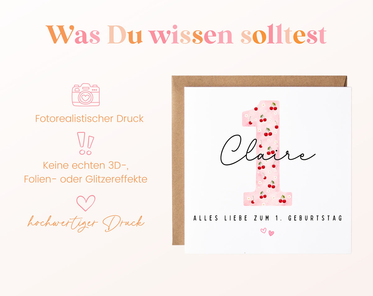 Personalisierte Karte zum ersten Geburtstag – Kirsche