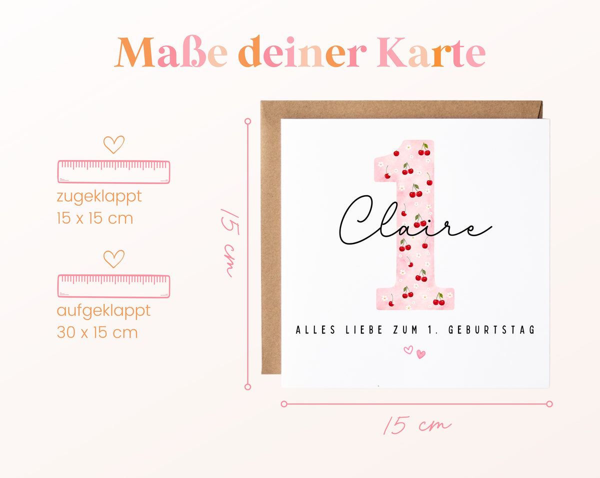 Personalisierte Karte zum ersten Geburtstag – Kirsche
