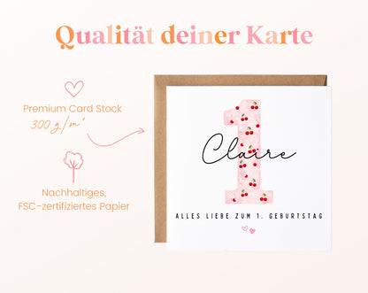Personalisierte Karte zum ersten Geburtstag – Kirsche