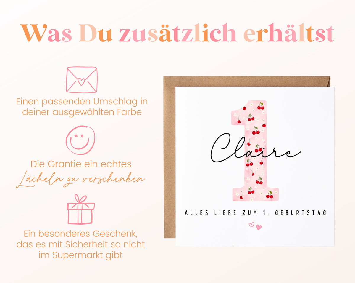 Personalisierte Karte zum ersten Geburtstag – Kirsche