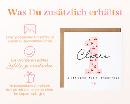 Personalisierte Karte zum ersten Geburtstag – Kirsche