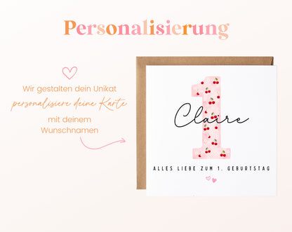 Personalisierte Karte zum ersten Geburtstag – Kirsche