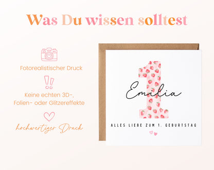 Personalisierte Karte zum ersten Geburtstag – Erdbeere