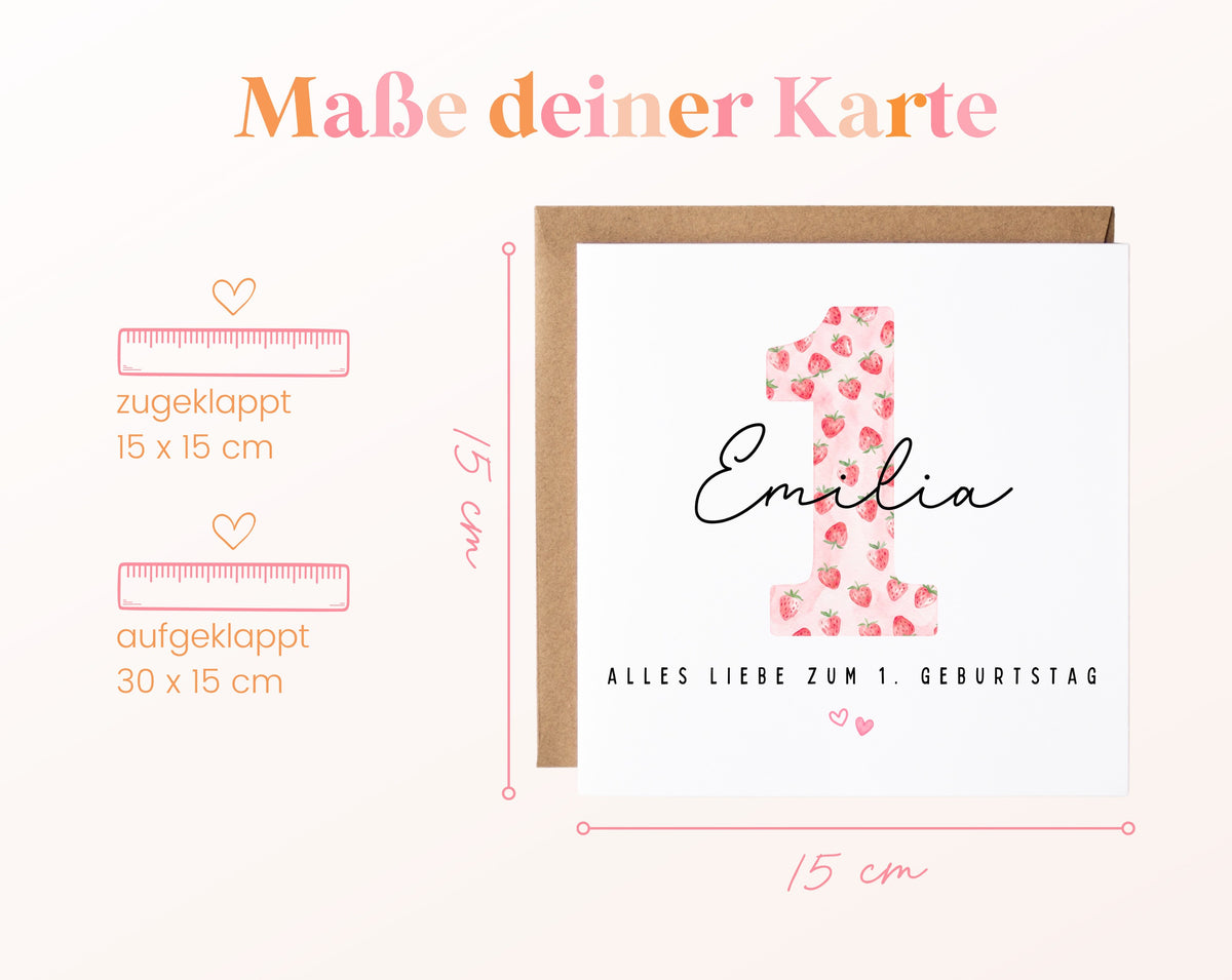 Personalisierte Karte zum ersten Geburtstag – Erdbeere