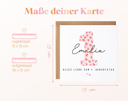 Personalisierte Karte zum ersten Geburtstag – Erdbeere